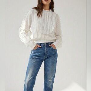 Free People White Top Lace and Back Button Details Sz S